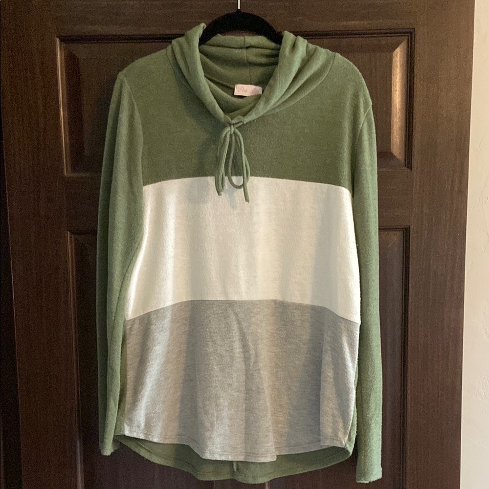 Pink Lily Green, White, and Gray Cowl Neck Sweater